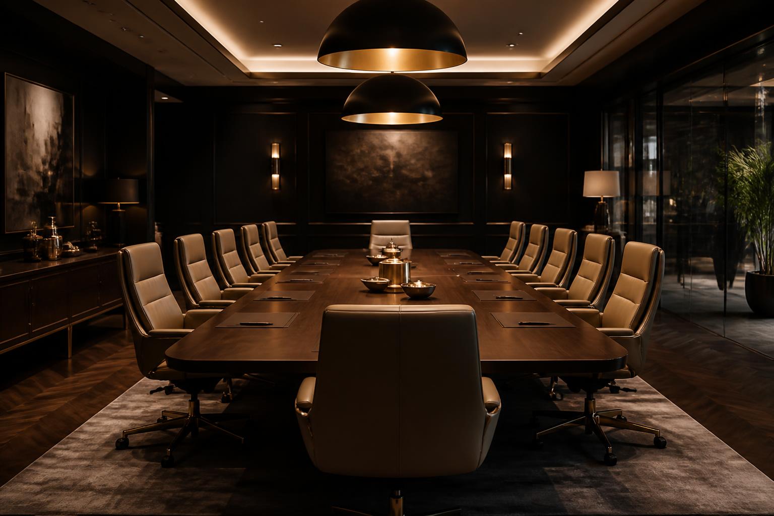 Executive boardroom with brass fittings and taupe leather chairs