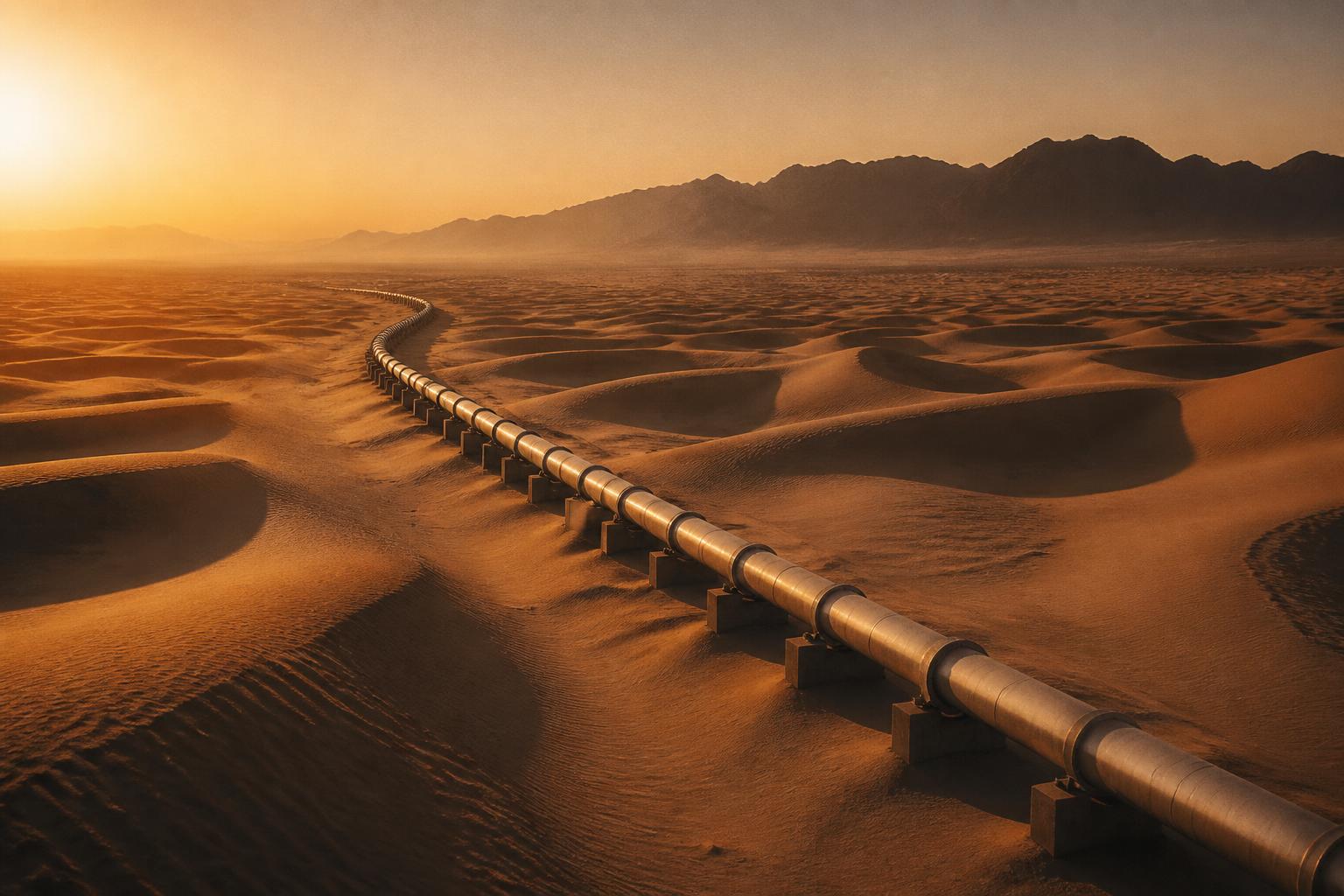 Pipeline stretching through vast Arabian desert dunes at dawn