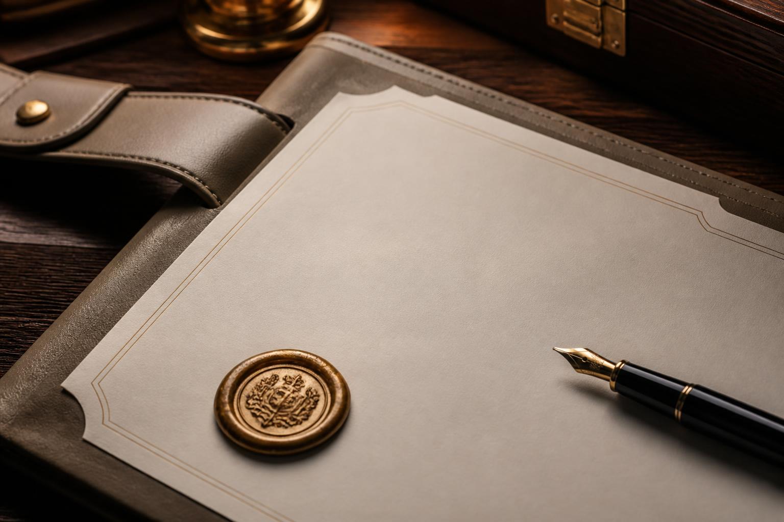 Executive document portfolio with wax seal and fountain pen