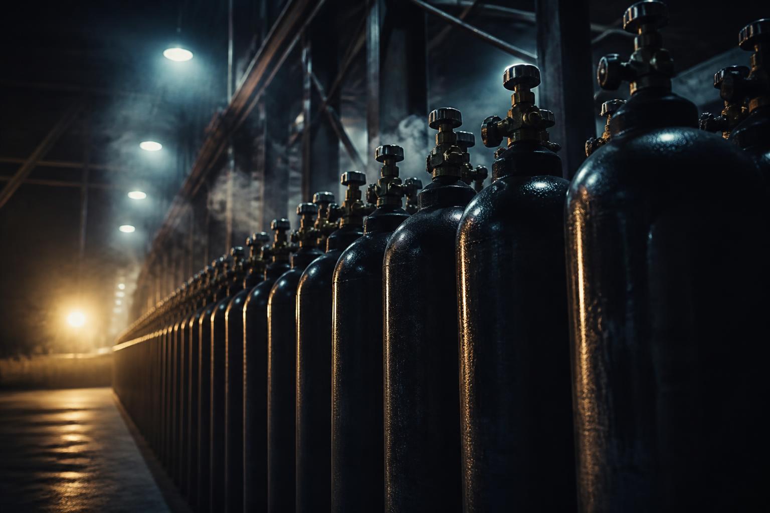 Row of industrial helium cylinders in a dark warehouse