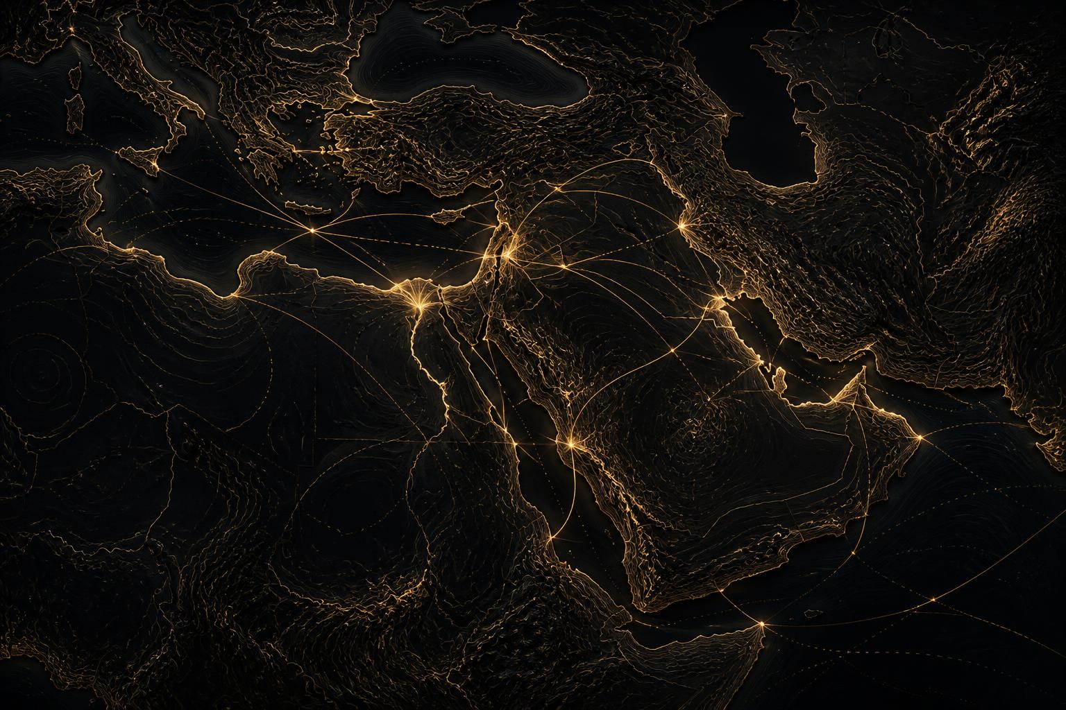 Dark topographic map of MENA and surrounding seas with gold trade routes