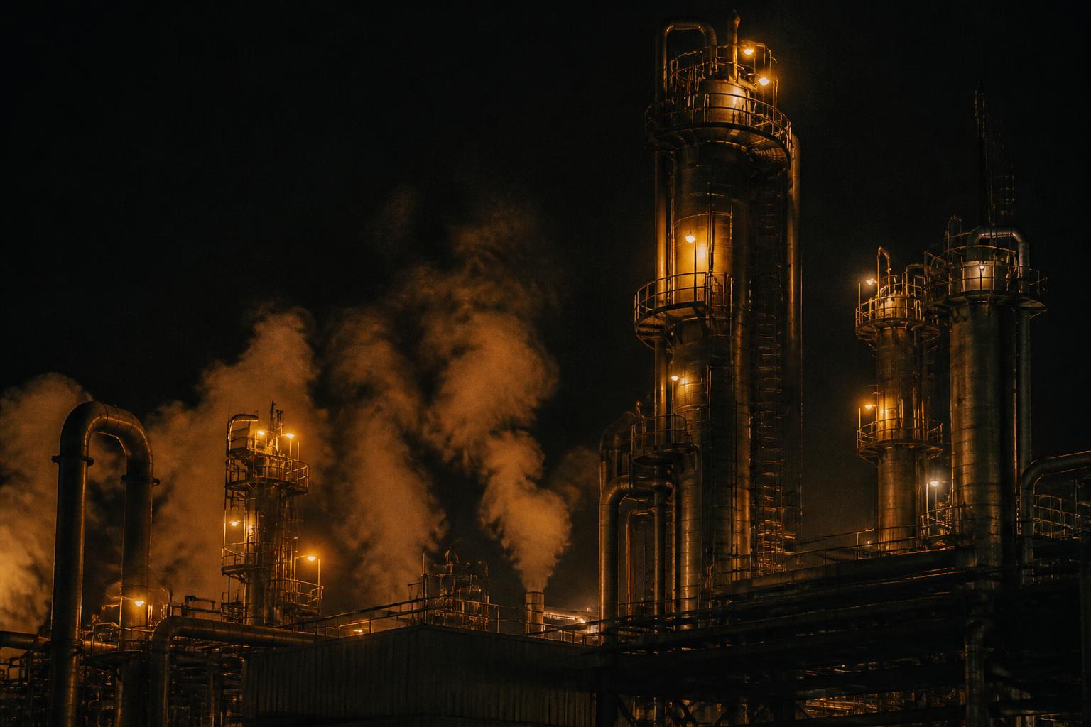 Refinery towers at night with warm sodium lamps