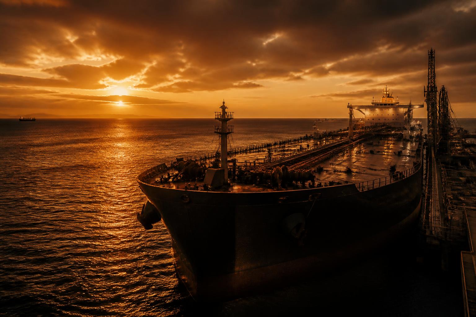 Crude oil tanker at berth during golden hour